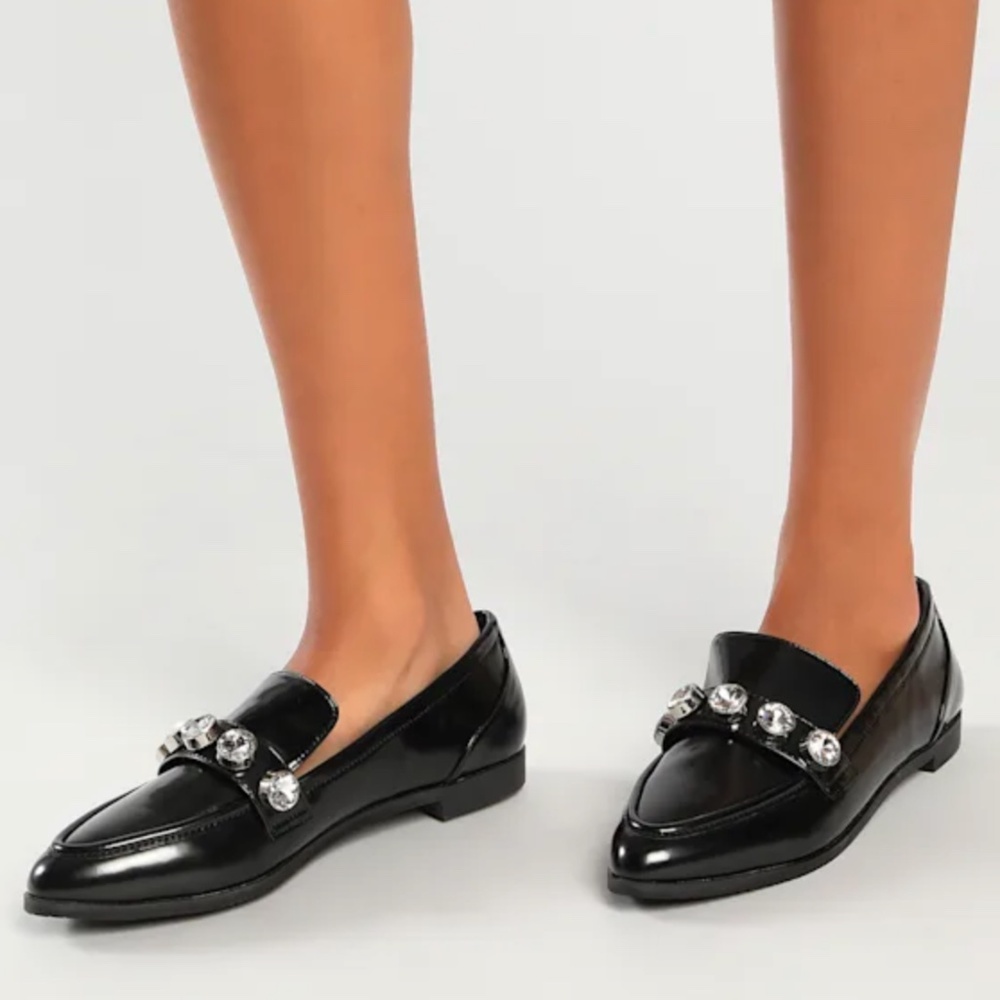 Ronron Black Patent Rhinestone Pointed-Toe Loafers